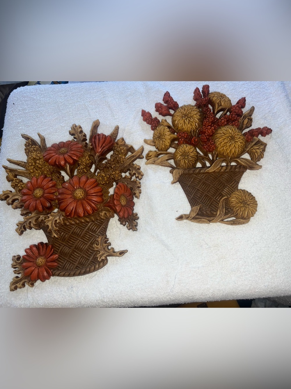 Burwood MCM 1977 Flower Baskets Wall Hanging Plaques Orange yellow brown